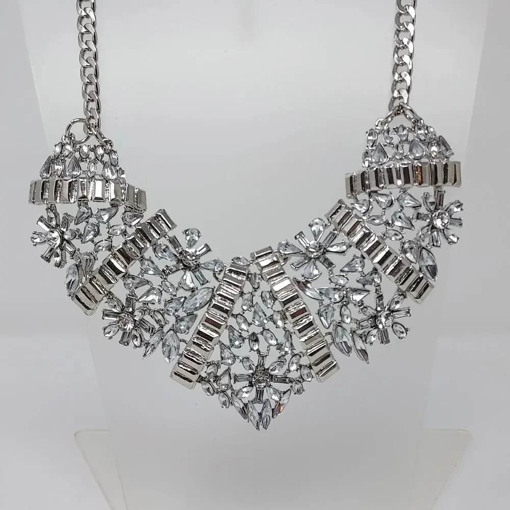 Rhinestone Statement Necklace Floral Large Heavy Bib Collar Silver Tone 3